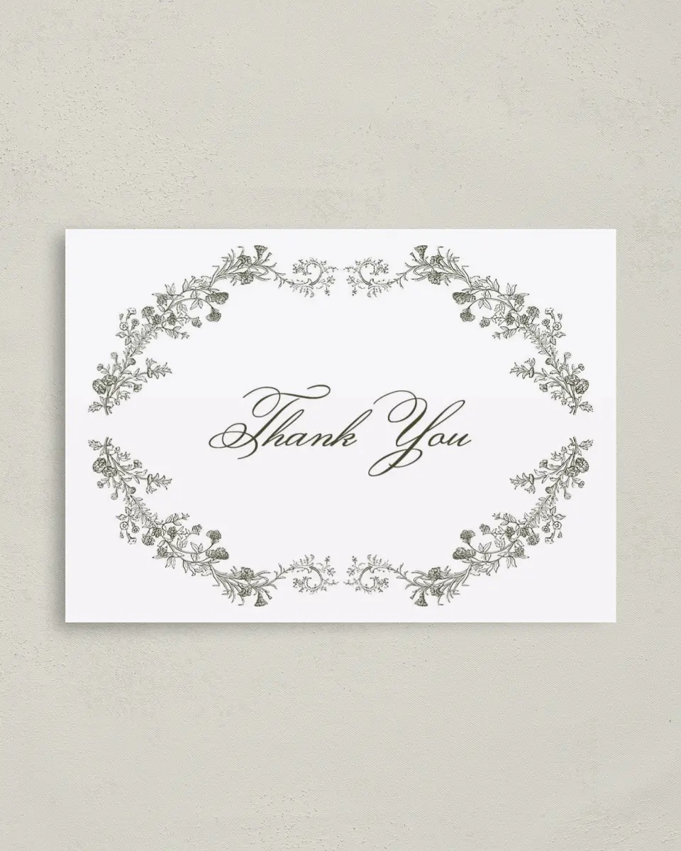 This is a 4" x 5.6" Thank You Postcard called Holderness printed in full color with Rose Gold foil on Soft Touch Finish paper