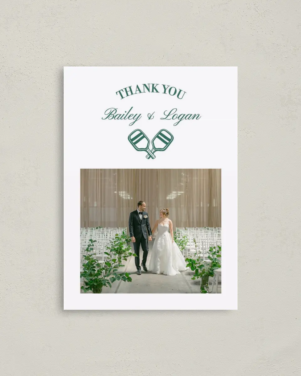 This is a 4" x 5.6" Thank You Postcard called Serving Up Forever printed in full color on Soft Touch Finish paper