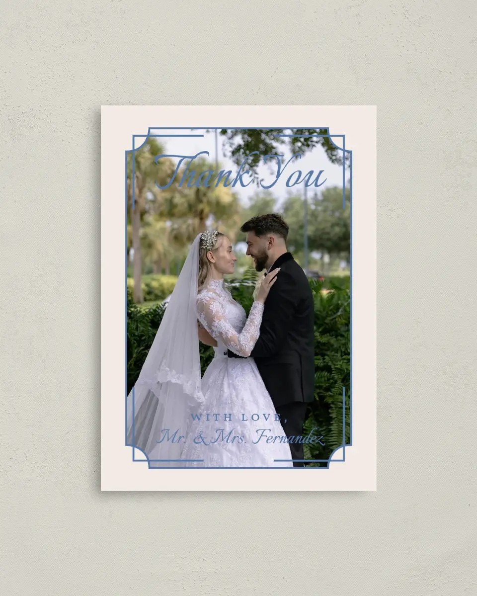 This is a 4" x 5.6" Thank You Postcard called Cambridge printed in full color on Soft Touch Finish paper