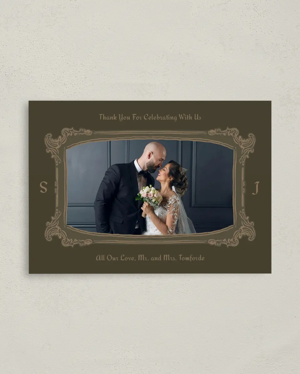 This is a 4" x 5.6" Thank You Postcard called Lafayette printed in full color with Rose Gold foil on Soft Touch Finish paper