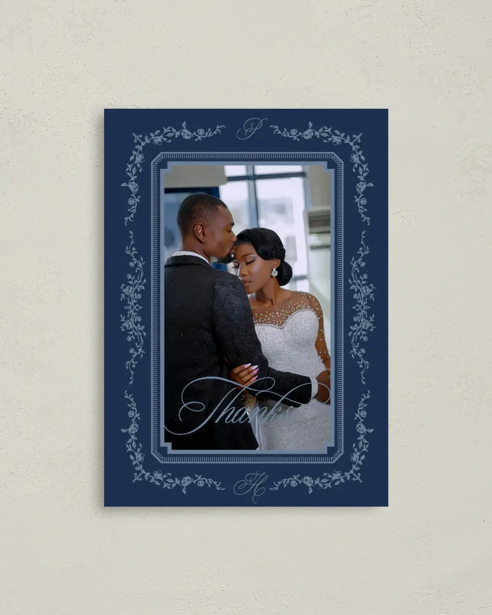 This is a 4" x 5.6" Thank You Postcard called Berkeley printed in full color with Silver foil on Soft Touch Finish paper