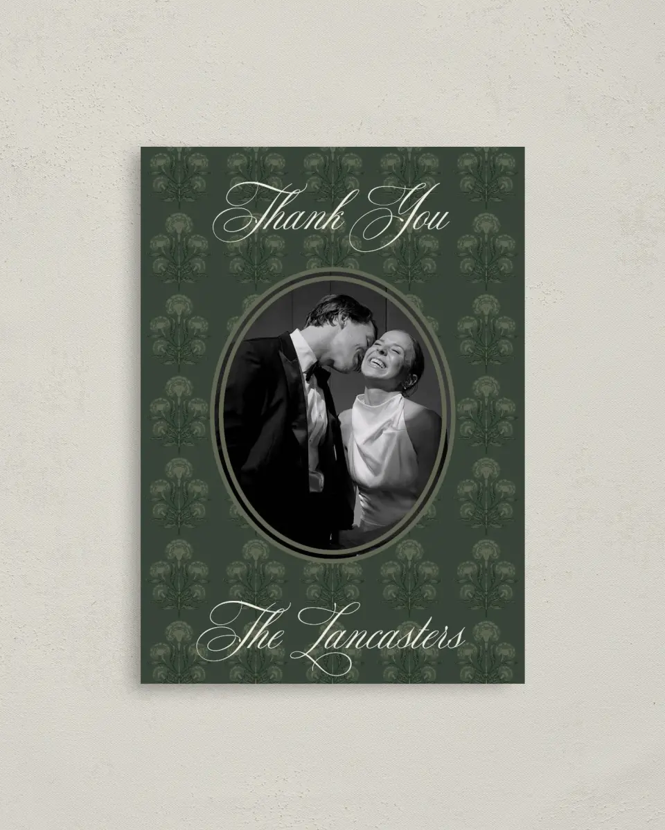 This is a 4" x 5.6" Thank You Postcard called Hillsborough printed in full color with Gold foil on Soft Touch Finish paper