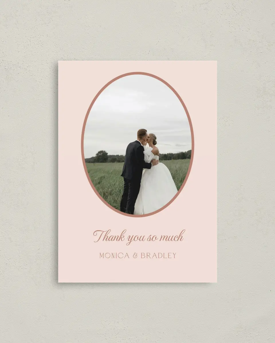 This is a 4" x 5.6" Thank You Postcard called Bridgetown printed in full color on Soft Touch Finish paper