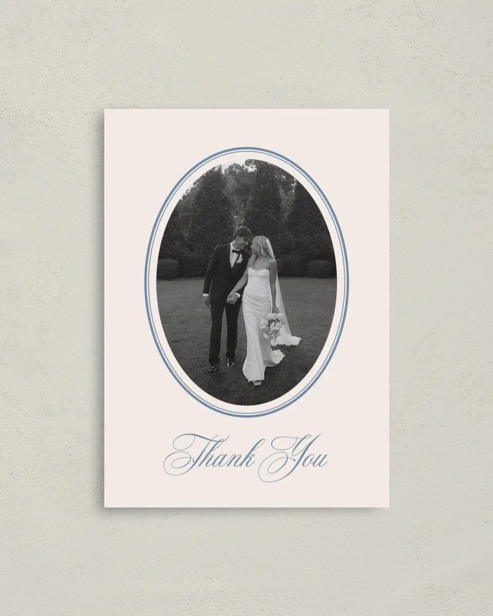 This is a 4" x 5.6" Thank You Postcard called Vintage Reverie printed in full color on Soft Touch Finish paper