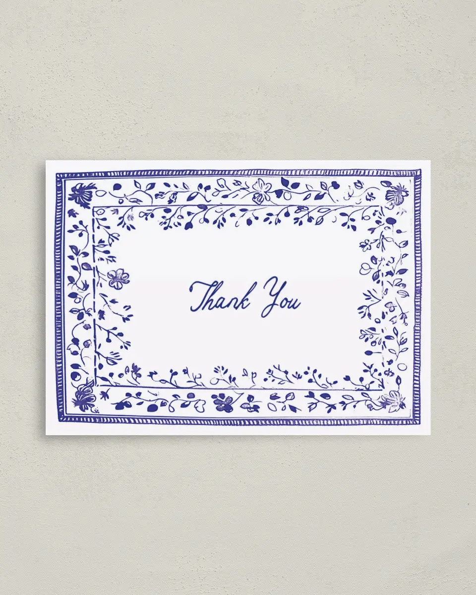 This is a 4" x 5.6" Thank You Postcard called Storybook Garden printed in full color with Gold foil on Soft Touch Finish paper