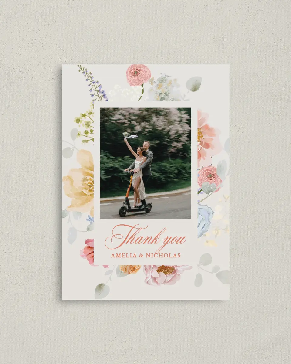 This is a 4" x 5.6" Thank You Postcard called Forever Favorite printed in full color with Rose Gold foil on Soft Touch Finish paper