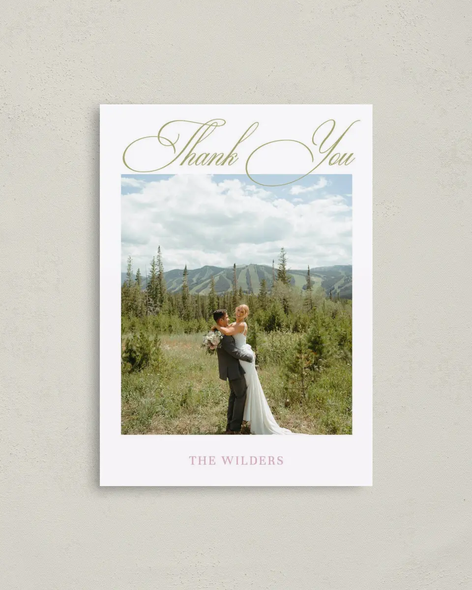 This is a 4" x 5.6" Thank You Postcard called Evening in Bloom printed in full color with Gold foil on Soft Touch Finish paper