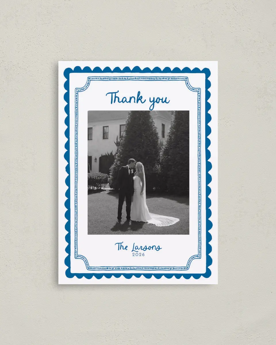 This is a 4" x 5.6" Thank You Postcard called Scalloped Elegance printed in full color on Soft Touch Finish paper