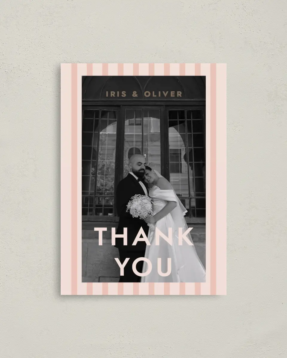 This is a 4" x 5.6" Thank You Postcard called Serendipity & Stripes printed in full color with Gold foil on Soft Touch Finish paper