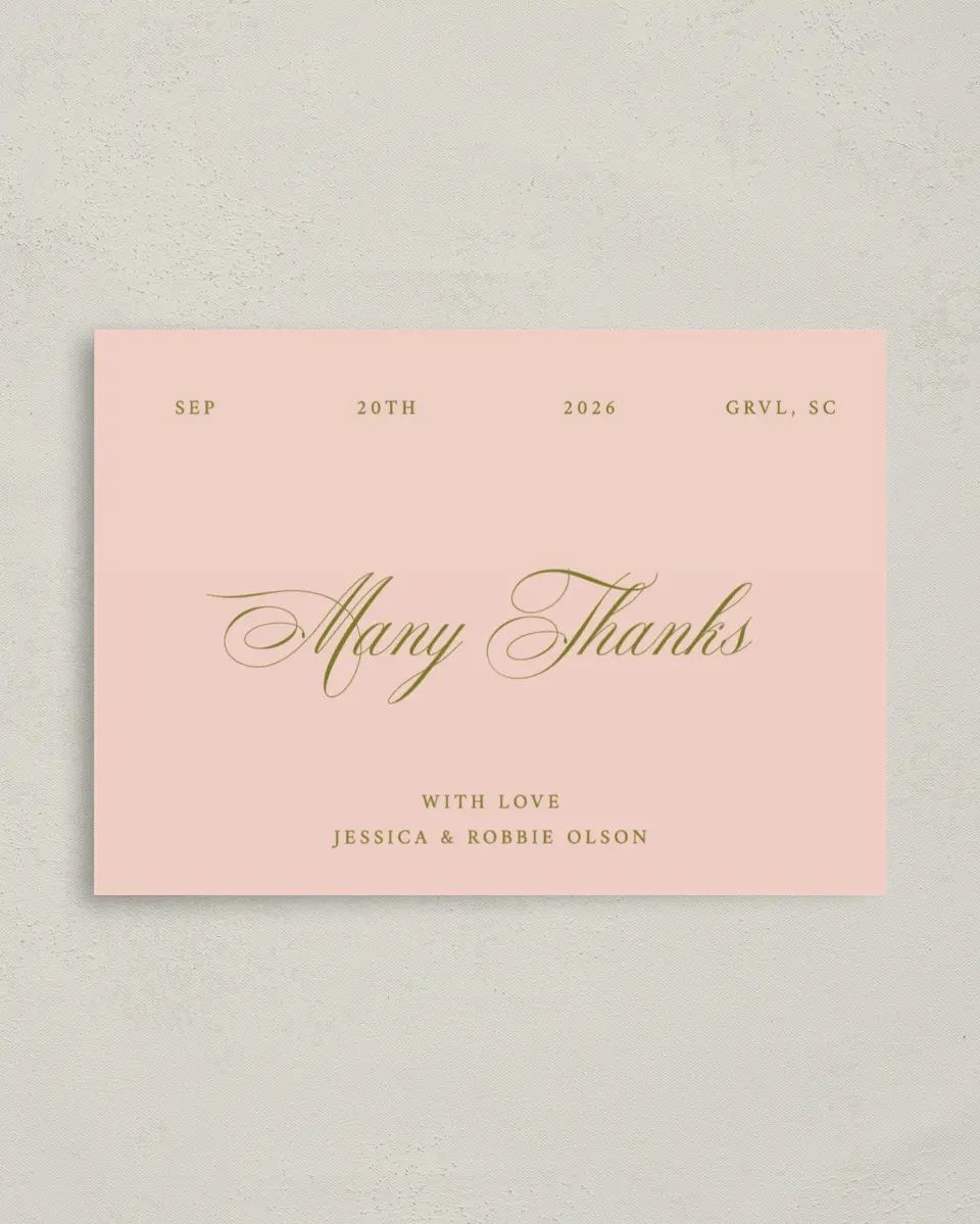 This is a 4" x 5.6" Thank You Postcard called Love Off Script printed in full color with Gold foil on Soft Touch Finish paper