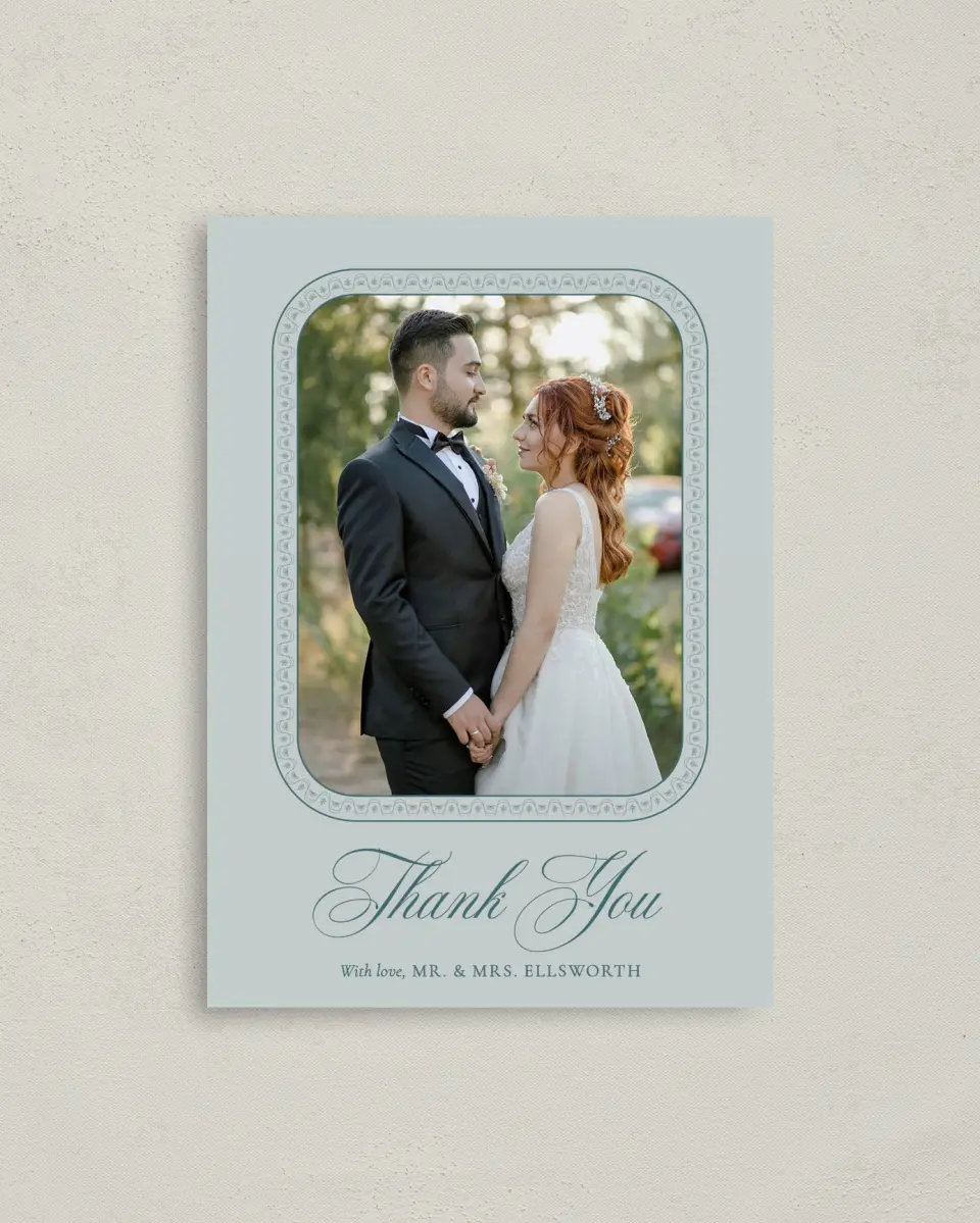 This is a 4" x 5.6" Thank You Postcard called Delicate Vintage printed in full color on Soft Touch Finish paper