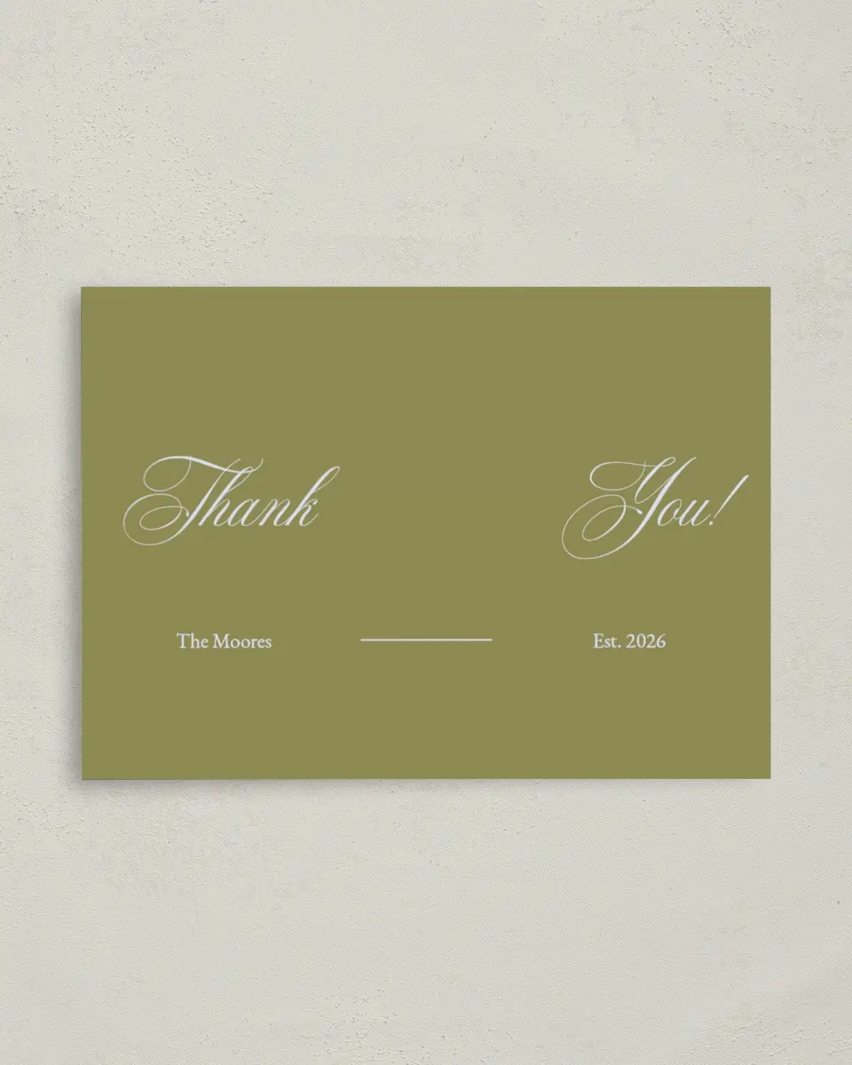 This is a 4" x 5.6" Thank You Postcard called Signature Vows printed in full color on Soft Touch Finish paper