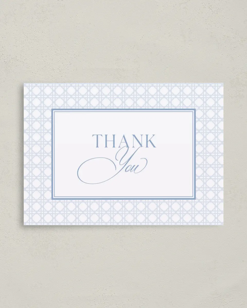 This is a 4" x 5.6" Thank You Postcard called Woven Serenity printed in full color with Gold foil on Soft Touch Finish paper