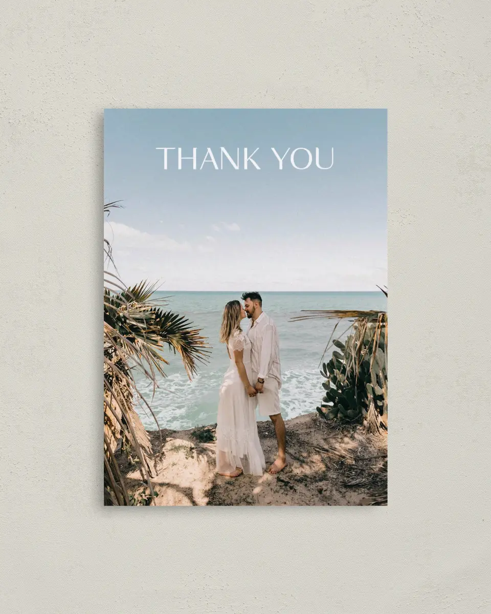 This is a 4" x 5.6" Thank You Postcard called Seaside Serenade printed in full color with Rose Gold foil on Soft Touch Finish paper