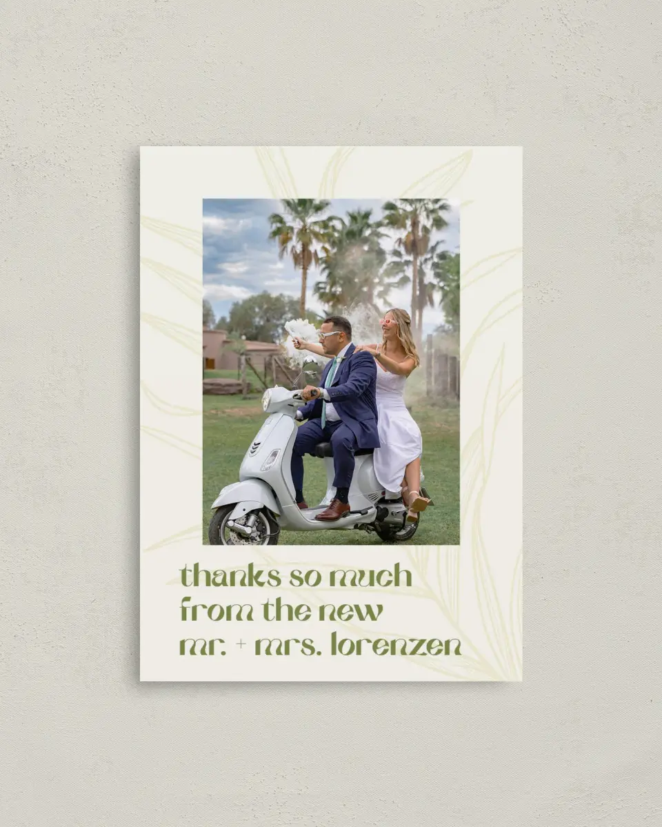 This is a 4" x 5.6" Thank You Postcard called Zephyr printed in full color on Soft Touch Finish paper