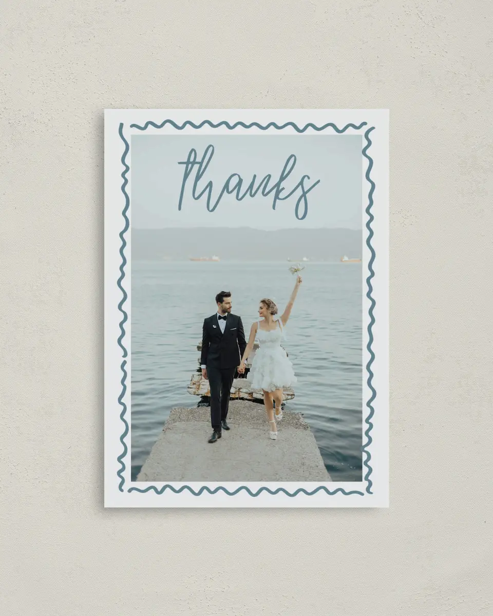 This is a 4" x 5.6" Thank You Postcard called I Hear Wedding Shells printed in full color on Soft Touch Finish paper