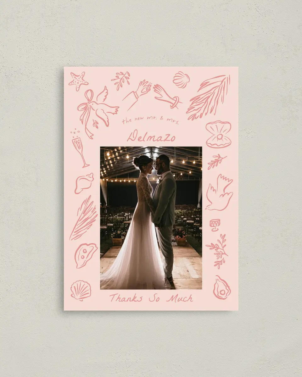 This is a 4" x 5.6" Thank You Postcard called Maritime Vows printed in full color on Soft Touch Finish paper