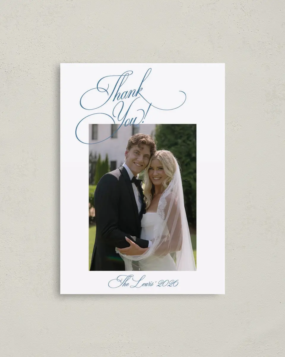 This is a 4" x 5.6" Thank You Postcard called Blue Toile Romance printed in full color on Soft Touch Finish paper