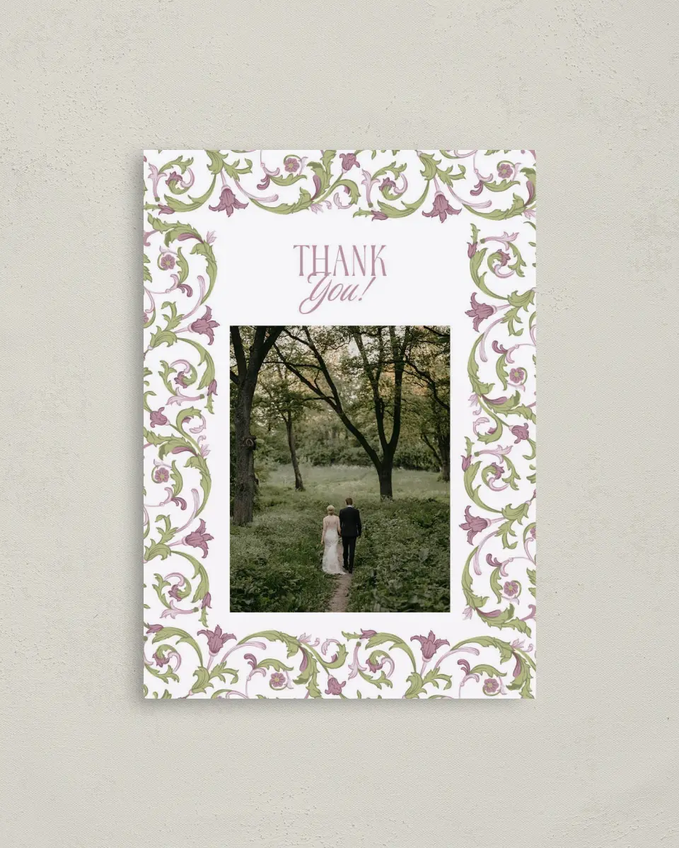 This is a 4" x 5.6" Thank You Postcard called Ornate Garden printed in full color with Rose Gold foil on Soft Touch Finish paper