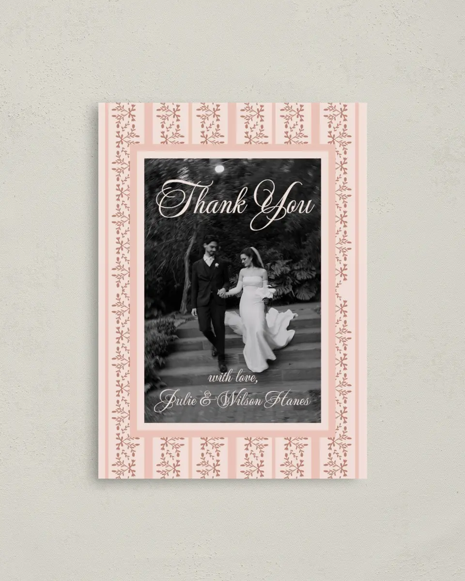 This is a 4" x 5.6" Thank You Postcard called Patterned Love printed in full color with Gold foil on Soft Touch Finish paper