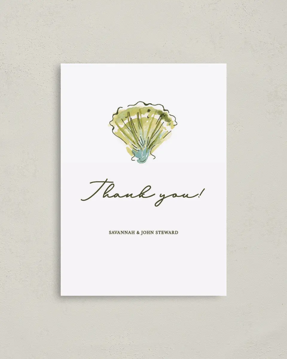 This is a 4" x 5.6" Thank You Postcard called Whimsical Shells printed in full color on Soft Touch Finish paper