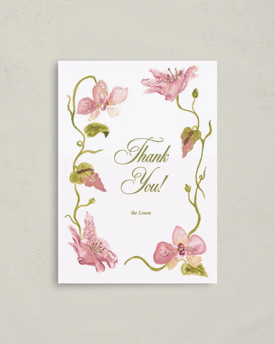 This is a 4" x 5.6" Thank You Postcard called Paradise in Bloom printed in full color on Soft Touch Finish paper
