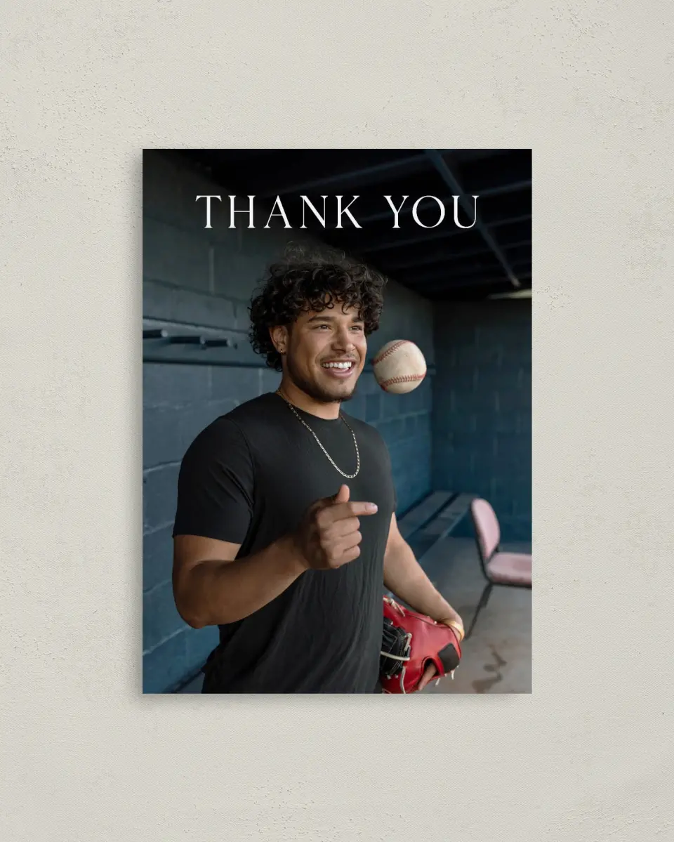 This is a 4" x 5.6" Graduation Thank You Postcard called Senior Spread printed in full color on Soft Touch Finish paper