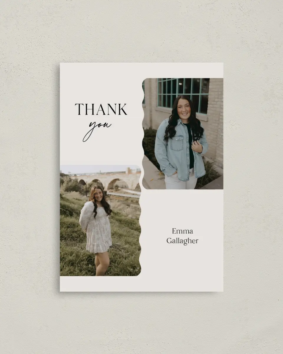 This is a 4" x 5.6" Graduation Thank You Postcard called Effortless Edge printed in full color on Soft Touch Finish paper