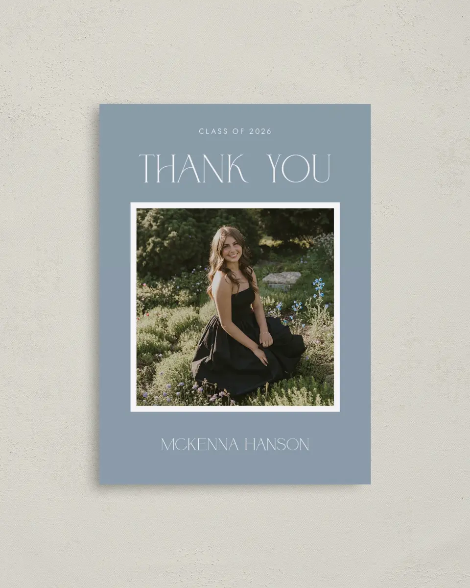 This is a 4" x 5.6" Graduation Thank You Postcard called Graceful Grad printed in full color with Gold foil on Soft Touch Finish paper
