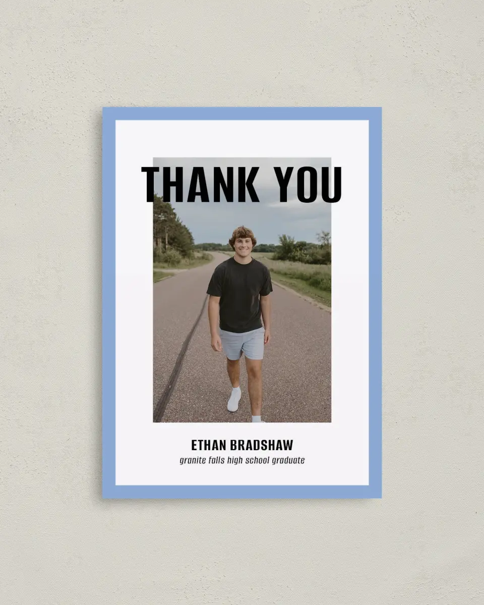 This is a 4" x 5.6" Graduation Thank You Postcard called Clean Cut printed in full color on Soft Touch Finish paper