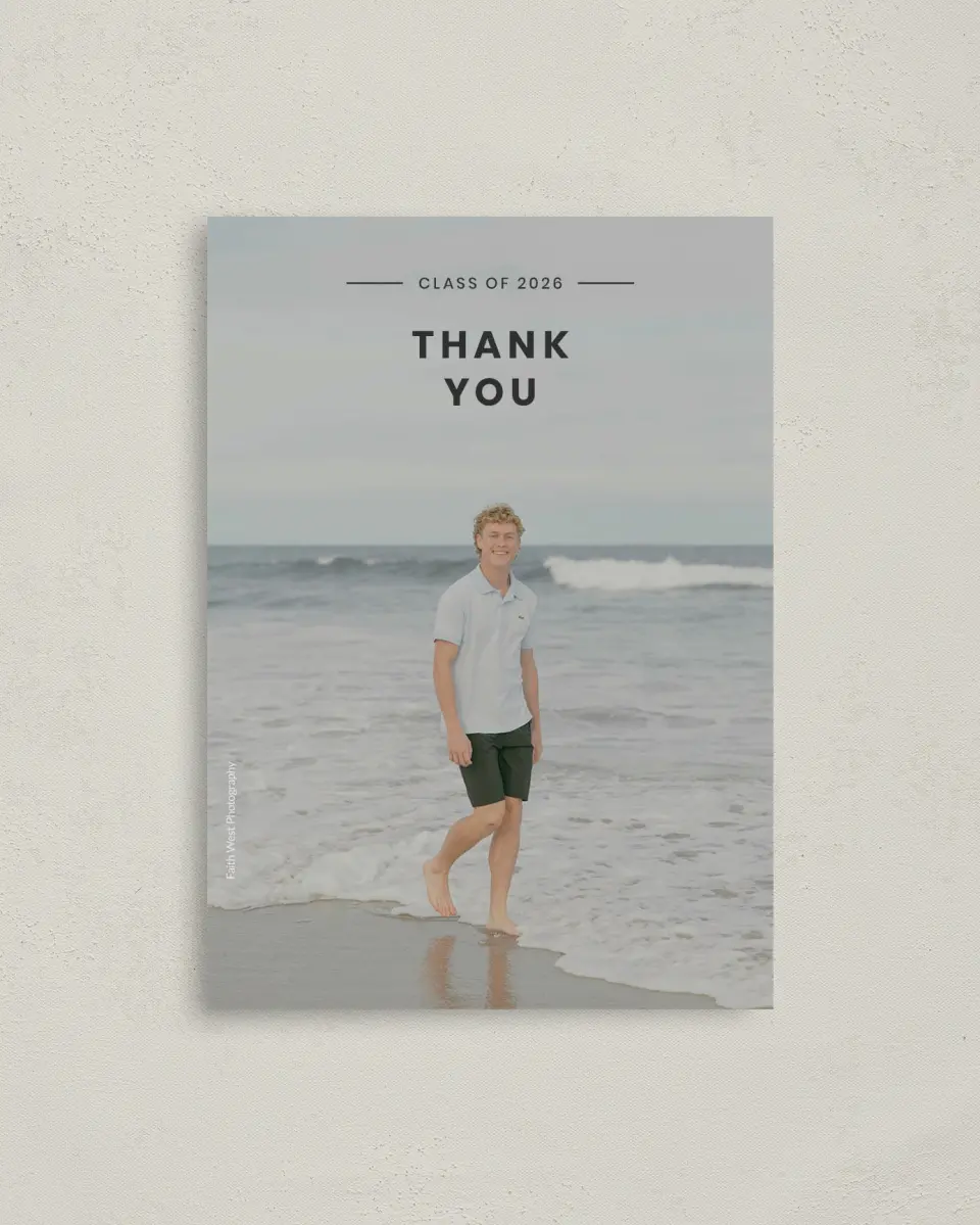 This is a 4" x 5.6" Graduation Thank You Postcard called Simple Stroll printed in full color on Soft Touch Finish paper
