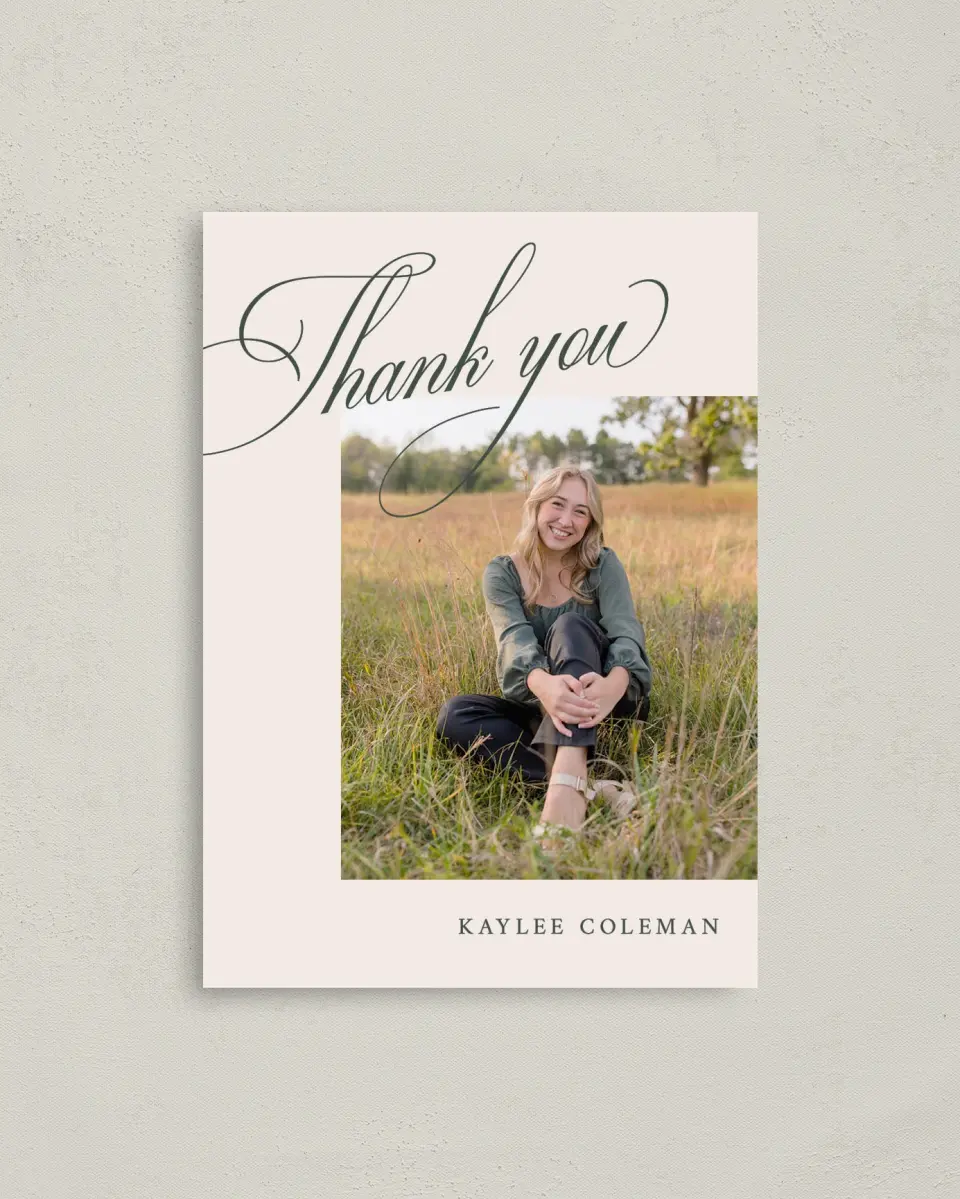 This is a 4" x 5.6" Graduation Thank You Postcard called Grand Flourish printed in full color on Soft Touch Finish paper
