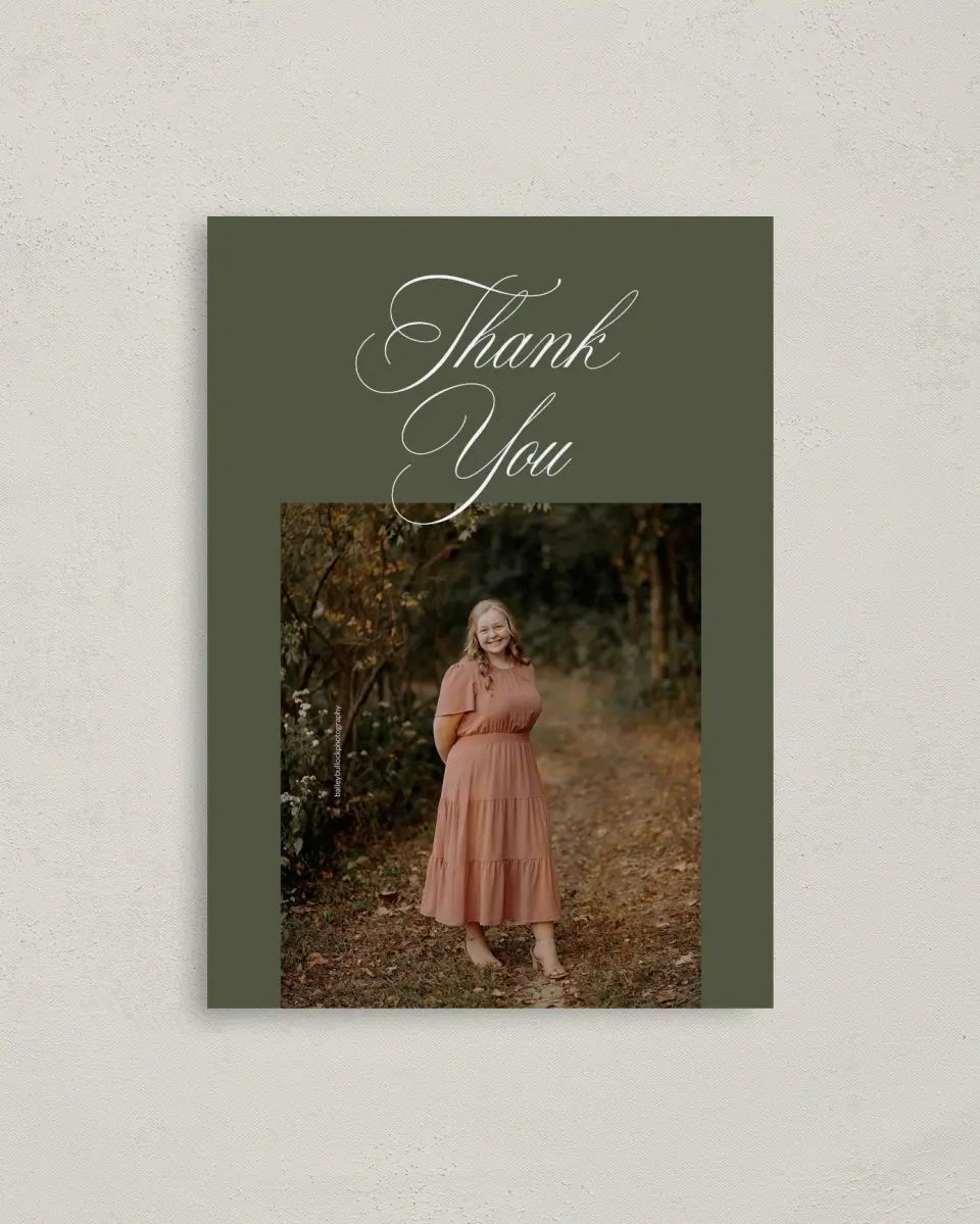 This is a 4" x 5.6" Graduation Thank You Postcard called Refined Celebration printed in full color with Rose Gold foil on Soft Touch Finish paper