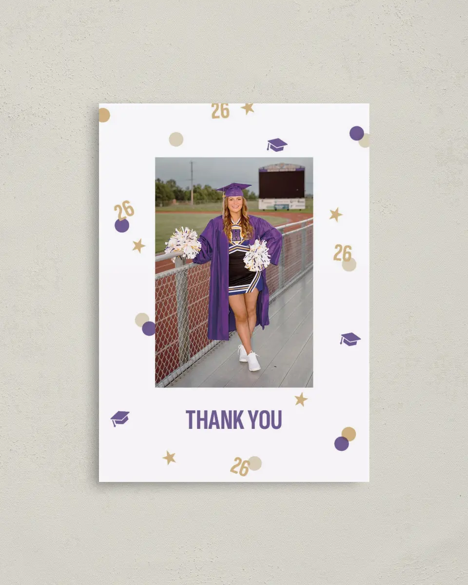 This is a 4" x 5.6" Graduation Thank You Postcard called Confetti Toss printed in full color with Gold foil on Soft Touch Finish paper