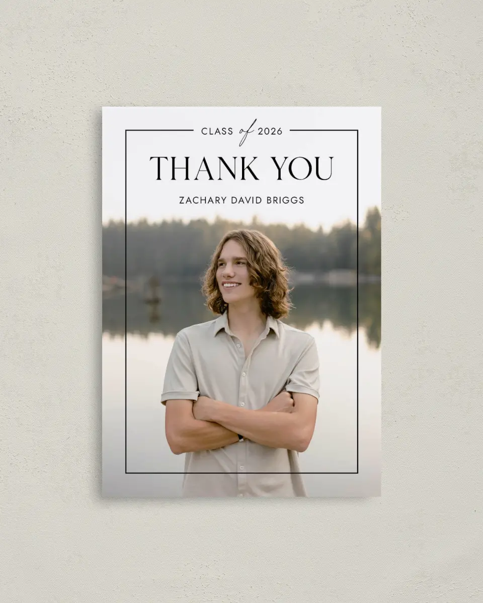 This is a 4" x 5.6" Graduation Thank You Postcard called Pure Frame printed in full color on Soft Touch Finish paper