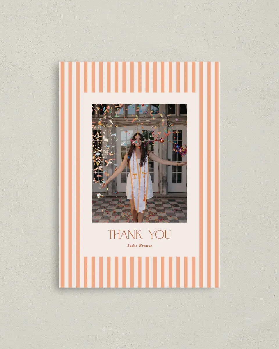 This is a 4" x 5.6" Graduation Thank You Postcard called Senior Stripes printed in full color with Gold foil on Soft Touch Finish paper