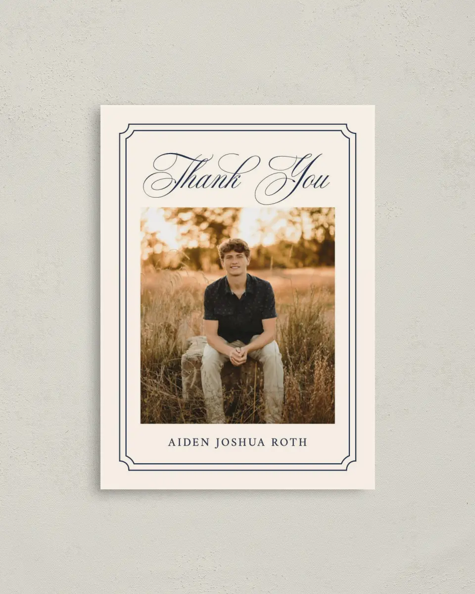 This is a 4" x 5.6" Graduation Thank You Postcard called Formal Frame printed in full color with Gold foil on Soft Touch Finish paper