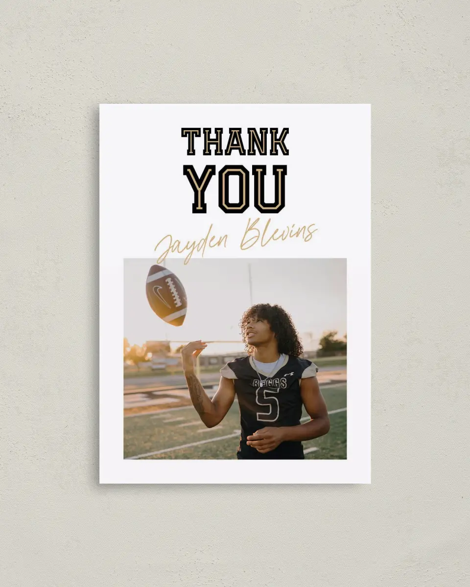 This is a 4" x 5.6" Graduation Thank You Postcard called Varsity Vibes printed in full color with Gold foil on Soft Touch Finish paper