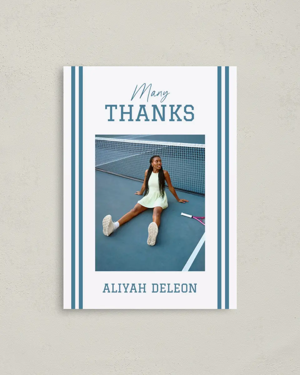 This is a 4" x 5.6" Graduation Thank You Postcard called Varsity Stripes printed in full color with Rose Gold foil on Soft Touch Finish paper