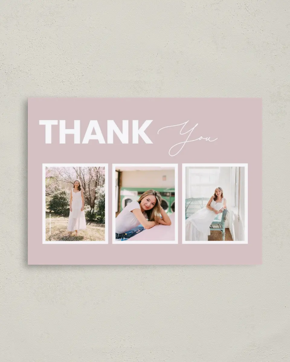 This is a 4" x 5.6" Graduation Thank You Postcard called Caps Off to You printed in full color with Rose Gold foil on Soft Touch Finish paper
