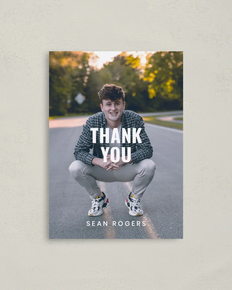 This is a 4" x 5.6" Graduation Thank You Postcard called Final Stretch printed in full color on Soft Touch Finish paper