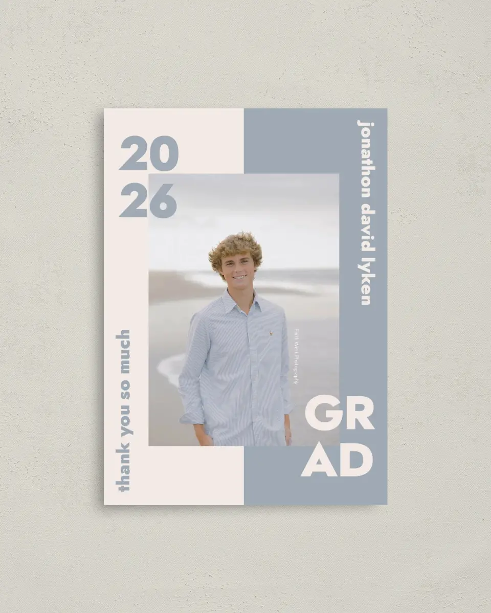 This is a 4" x 5.6" Graduation Thank You Postcard called Changing Chapters printed in full color on Soft Touch Finish paper