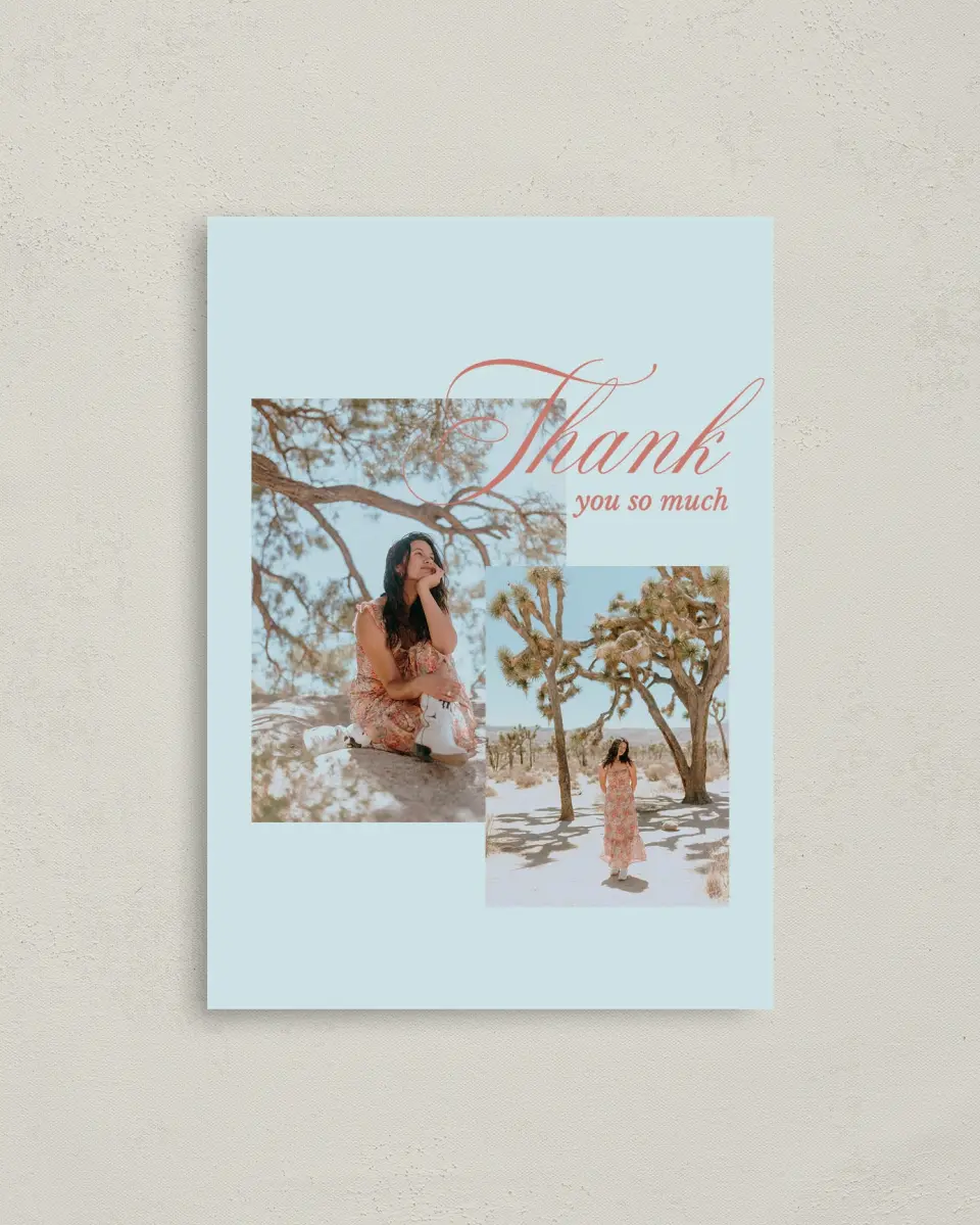 This is a 4" x 5.6" Graduation Thank You Postcard called Scripted Accolades printed in full color with Rose Gold foil on Soft Touch Finish paper