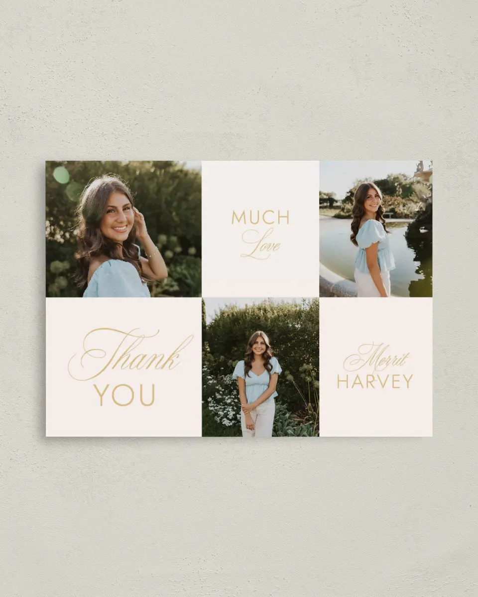 This is a 4" x 5.6" Graduation Thank You Postcard called Stay Golden printed in full color with Rose Gold foil on Soft Touch Finish paper