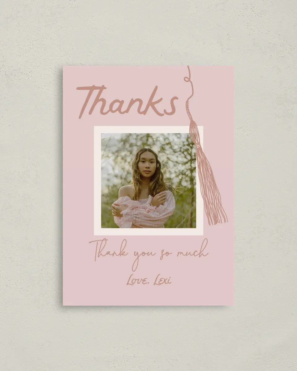 This is a 4" x 5.6" Graduation Thank You Postcard called Tassels on Tassels printed in full color on Soft Touch Finish paper