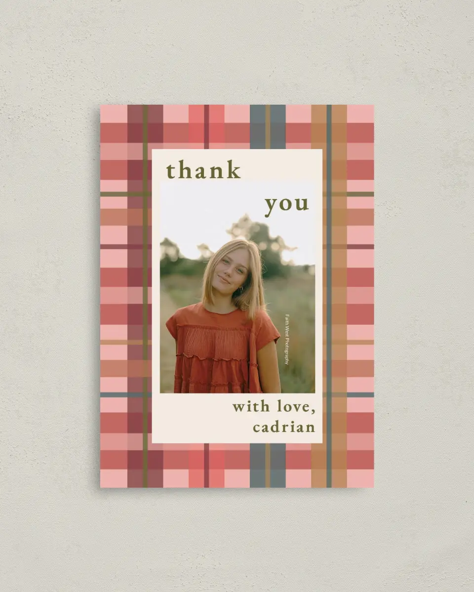 This is a 4" x 5.6" Graduation Thank You Postcard called Plaid Praise printed in full color on Soft Touch Finish paper