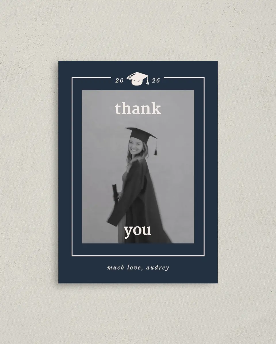 This is a 4" x 5.6" Graduation Thank You Postcard called Framed Triumph printed in full color on Soft Touch Finish paper