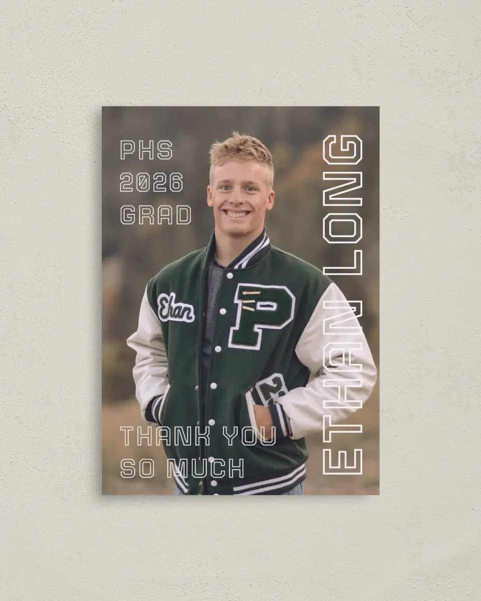 This is a 4" x 5.6" Graduation Thank You Postcard called Athletic Achievement printed in full color on Soft Touch Finish paper