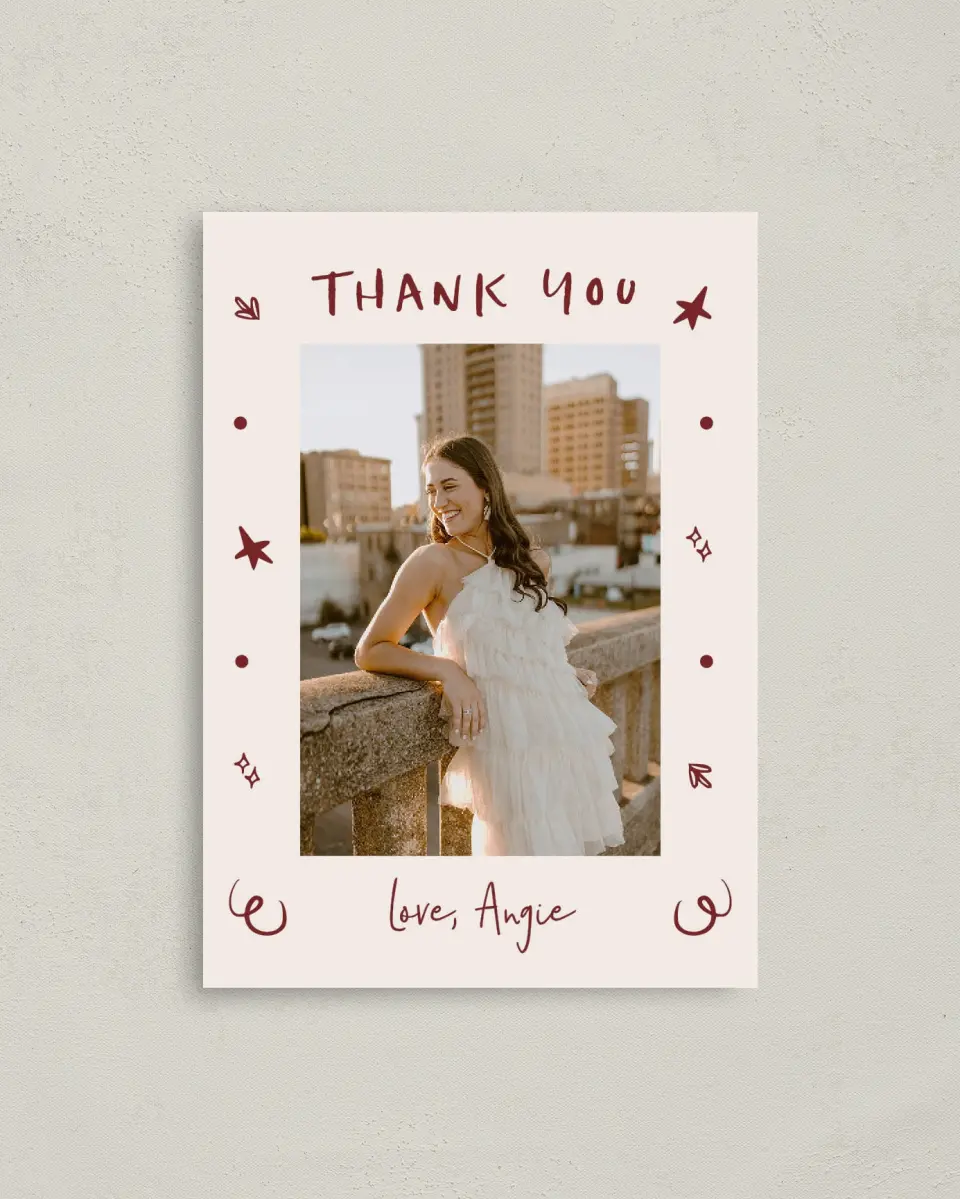 This is a 4" x 5.6" Graduation Thank You Postcard called Celebratory Confetti printed in full color with Gold foil on Soft Touch Finish paper