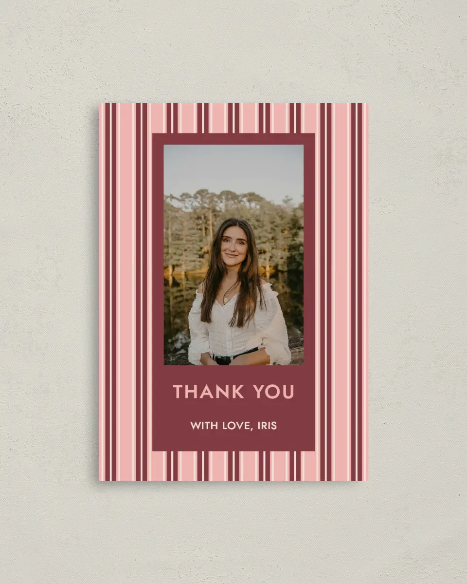 This is a 4" x 5.6" Graduation Thank You Postcard called Striped Admiration printed in full color with Gold foil on Soft Touch Finish paper